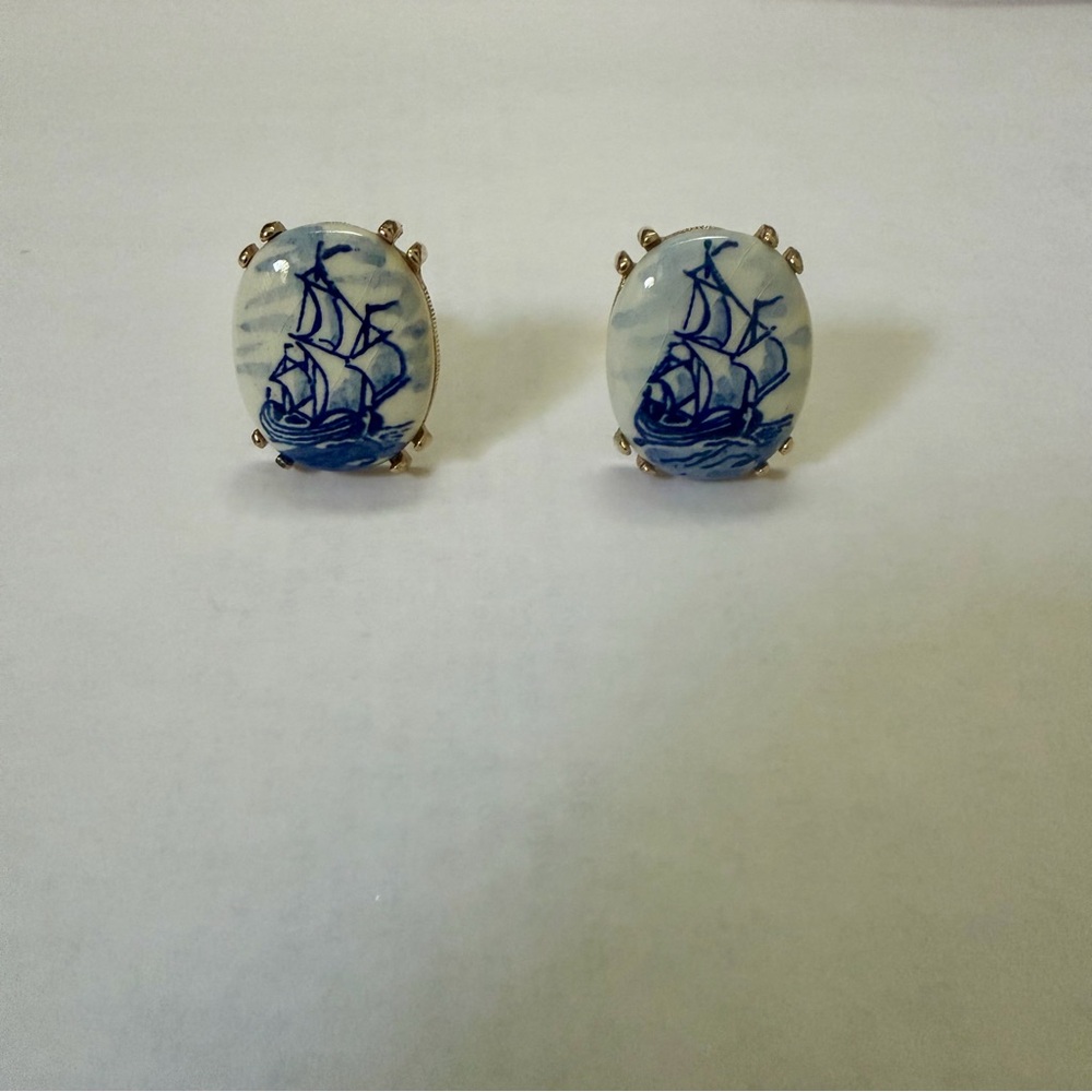 Blue and White Ship Design Cuff Links